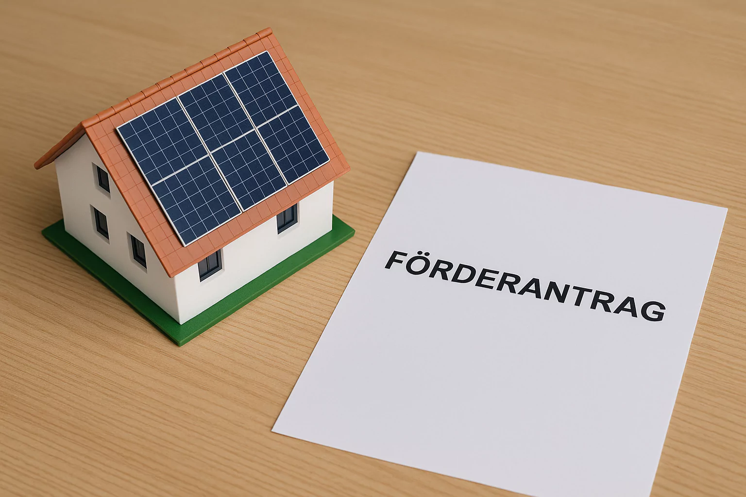 förderantrag liegt auf tisch neben einem modell mit pv modulen