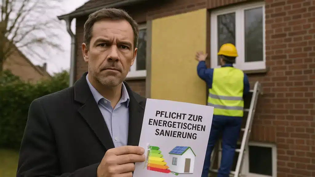 Mann hält Dokument Pflicht zur energetischen Sanierung