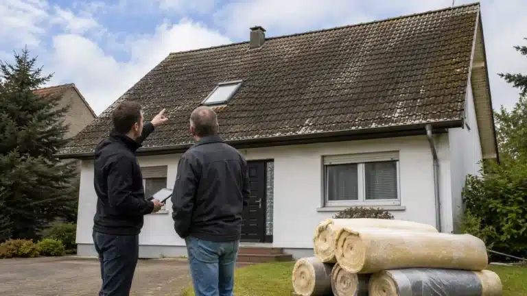Zwei Personen stehen vor einem Haus, eine deutet auf bemooste Dachziegel. Aufgerolltes Dämmmaterial auf dem Rasen deutet auf geplante Reparaturen oder Verbesserungen am Haus hin, wahrscheinlich als Reaktion auf die GEG-Sanierungspflicht.