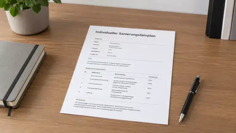 Ein Dokument mit dem Titel Individueller Sanierungsfahrplan liegt auf einem Holztisch neben einem Stift, einem geschlossenen Notizbuch und einer Pflanze. Das Papier enthält Tabellen und Daten zur Sanierungsplanung in deutscher Sprache und hebt Aspekte der iSFP Förderung hervor.