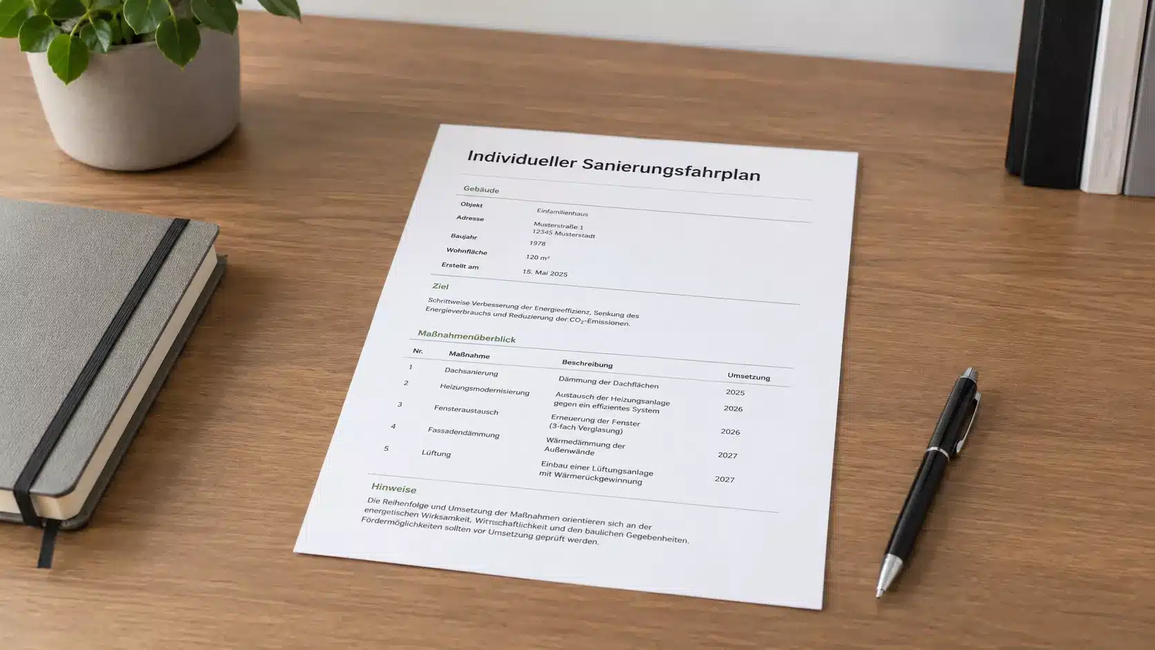 Ein Dokument mit dem Titel Individueller Sanierungsfahrplan liegt auf einem Holztisch neben einem Stift, einem geschlossenen Notizbuch und einer Pflanze. Das Papier enthält Tabellen und Daten zur Sanierungsplanung in deutscher Sprache und hebt Aspekte der iSFP Förderung hervor.