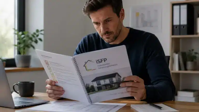 Ein Mann sitzt an einem Schreibtisch und liest einen iSFP Individueller Sanierungsfahrplan mit einem Foto eines Hauses auf dem Umschlag; vor ihm liegen Papiere, ein Stift und eine Tasse.
