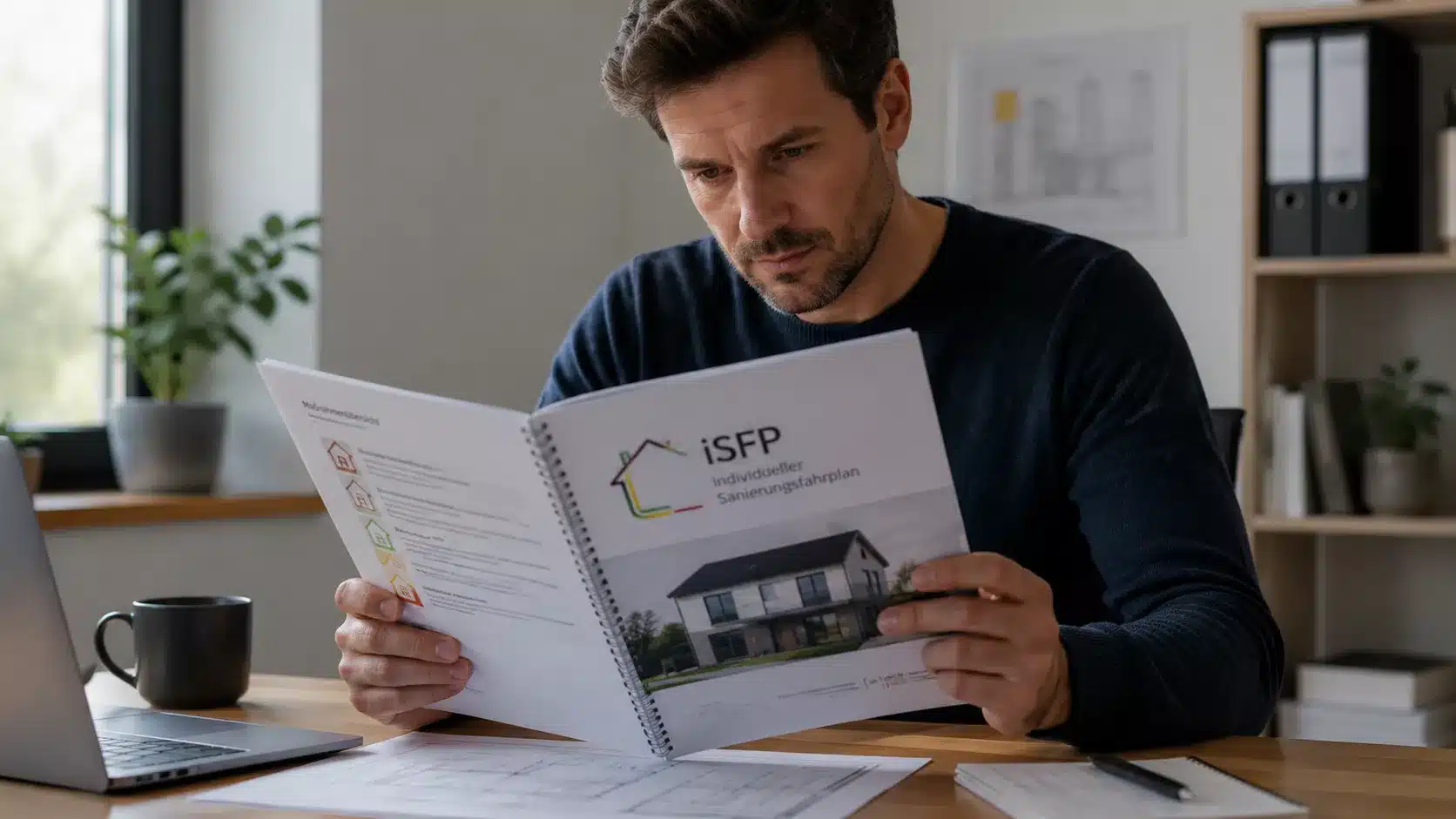 Ein Mann sitzt an einem Schreibtisch und liest einen iSFP Individueller Sanierungsfahrplan mit einem Foto eines Hauses auf dem Umschlag; vor ihm liegen Papiere, ein Stift und eine Tasse.