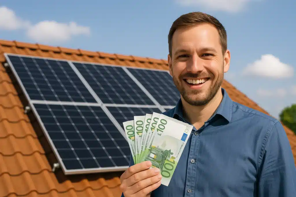 mann mit geld in der hand freut sich über pv anlage auf dach