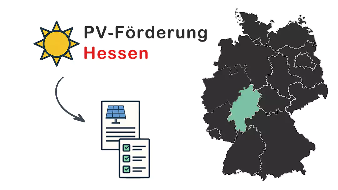 Deutschlandkarte mit hessen und Aufschrift PV Förderung Hessen