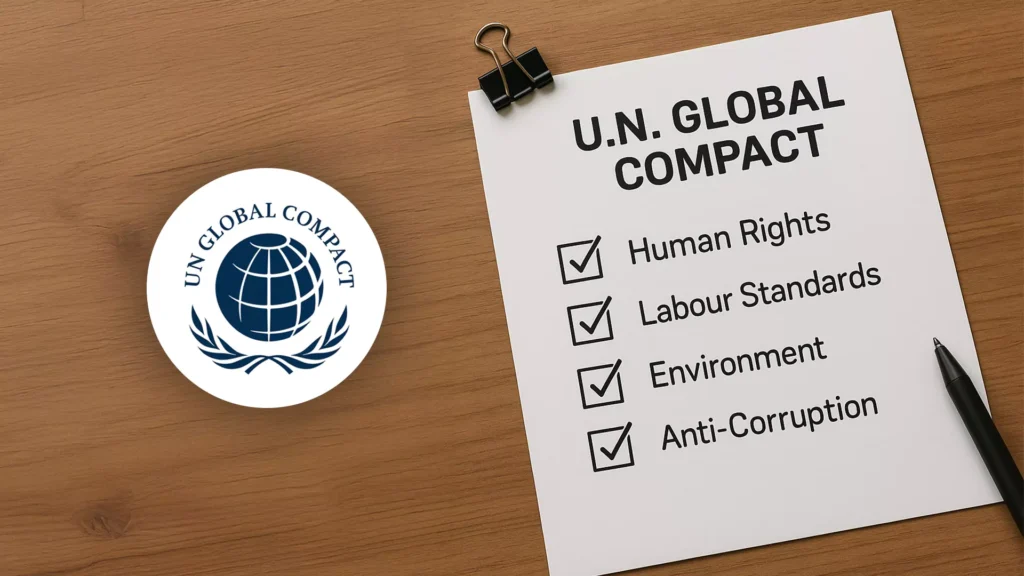 UN Global Compact liegt auf Tisch mit Logo daneben