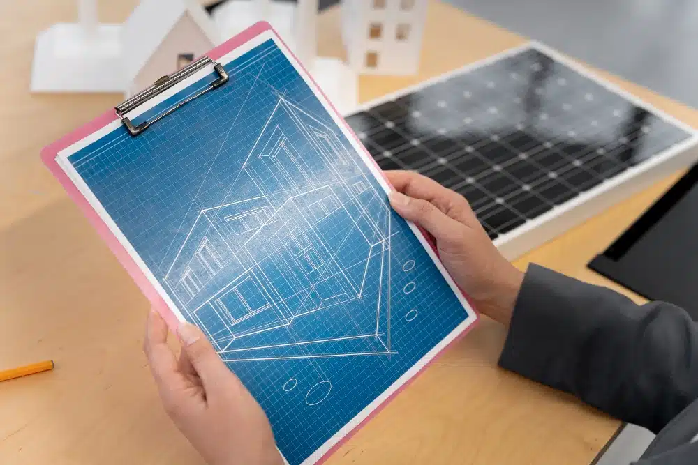 Eine Person hält ein Klemmbrett mit der Bauzeichnung eines modernen Hauses. Im Hintergrund sind auf dem Schreibtisch ein Solarpanel und architektonische Gebäudemodelle zu sehen.