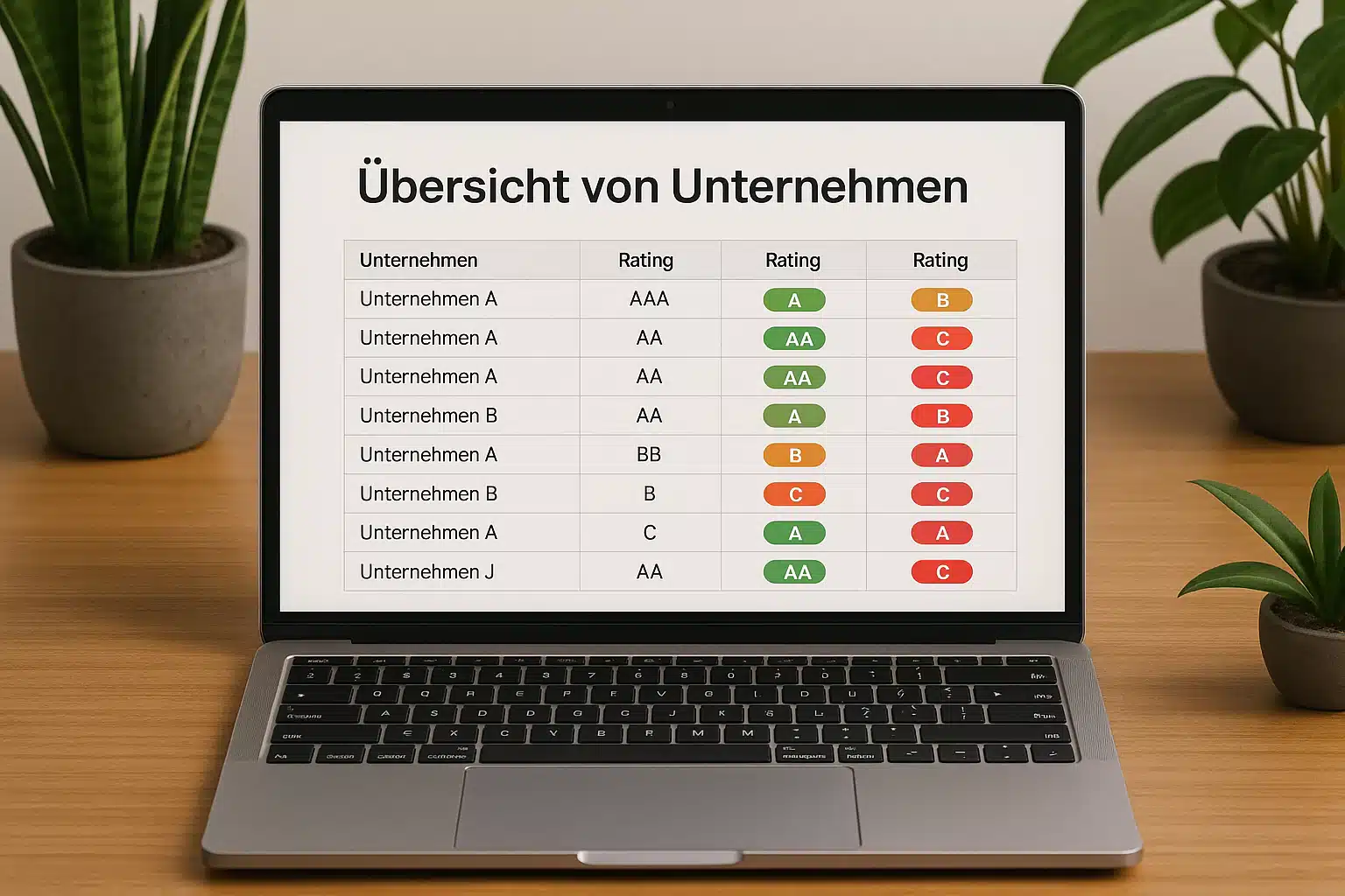 Ein Laptop auf einem Holztisch zeigt ein Diagramm mit dem Titel "Übersicht von Unternehmen" an, in dem die Unternehmensbewertungen in Grün, Gelb und Rot hervorgehoben sind - ideal, um den Fortschritt der CSRD-Berichterstattung zu verfolgen. Zwei Topfpflanzen stehen neben dem Laptop.