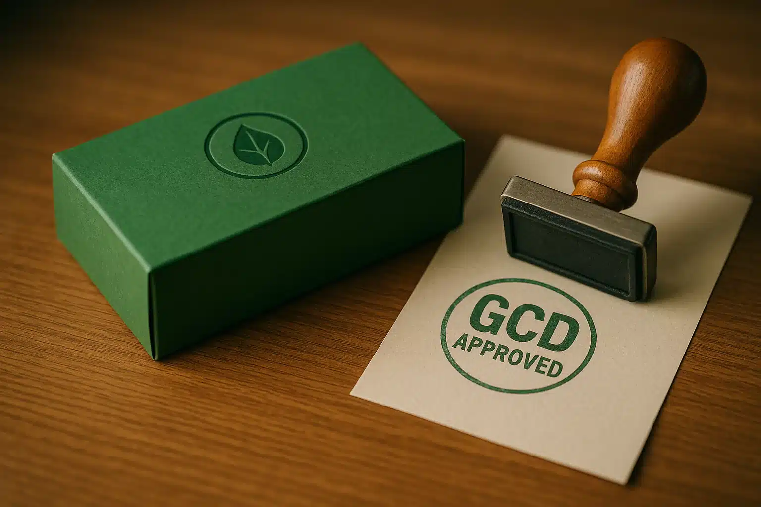 Eine grüne Box mit einem Blattsymbol befindet sich neben einem hölzernen Stempel und einem Papier mit der Aufschrift „GCD APPROVED“ in einem grünen Kreis, was die Einhaltung der Green Claims Directive symbolisiert. Alles ist auf einer Holzoberfläche angeordnet.