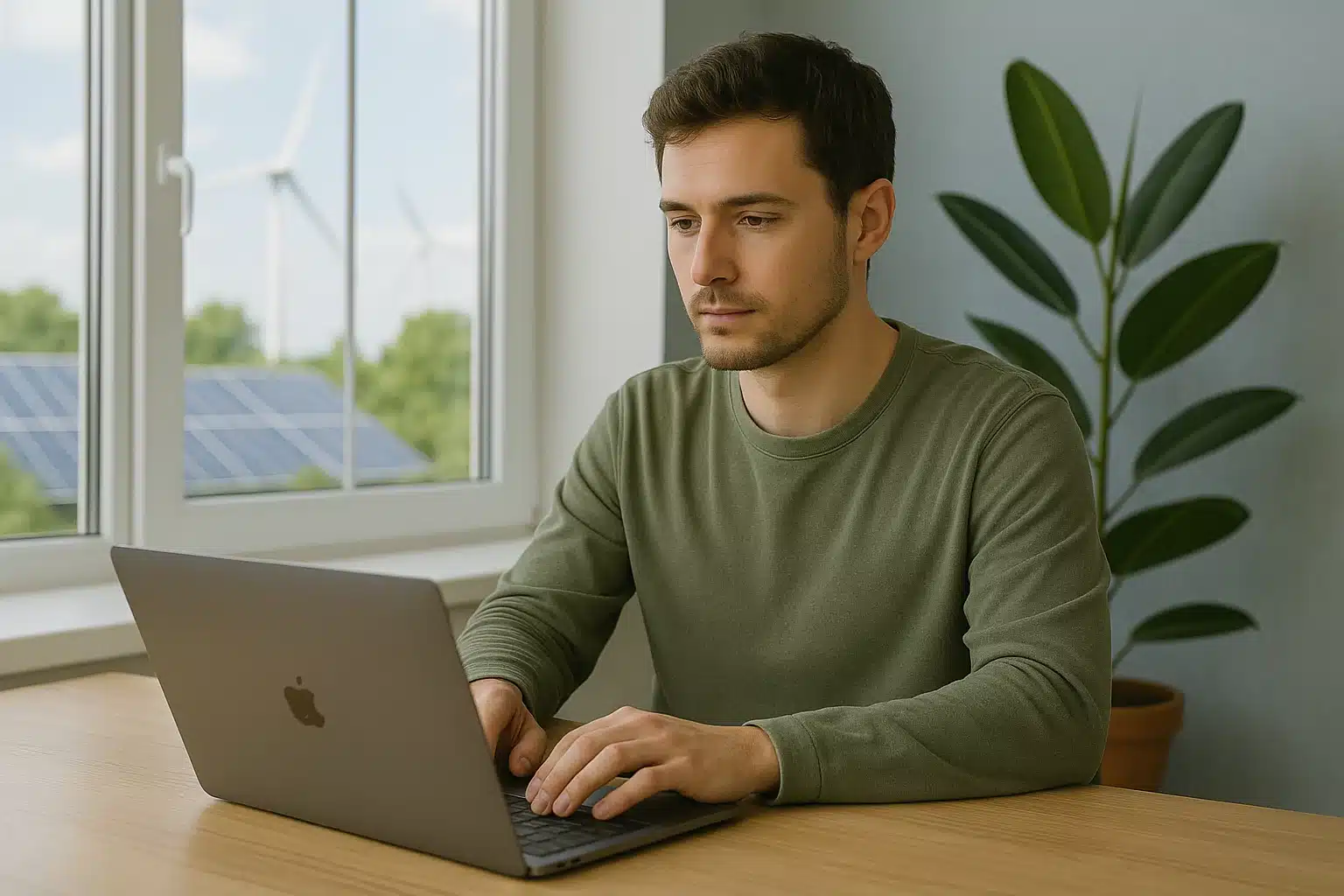 Mann investiert nachhaltig am Laptop mit Pflanze im Hintergrund und erneuerbare Energien vor dem haus