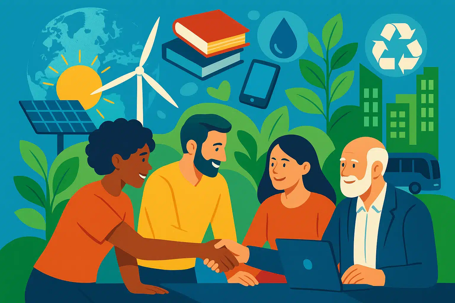 Vier Personen sitzen lächelnd an einem Tisch, schütteln sich die Hände. Vor ihnen steht ein Laptop. Dahinter sind Symbole für erneuerbare Energien, Bücher, ein Smartphone, Blätter und Recycling zu sehen, die Teamarbeit und die Ziele für nachhaltige Entwicklung symbolisieren.
