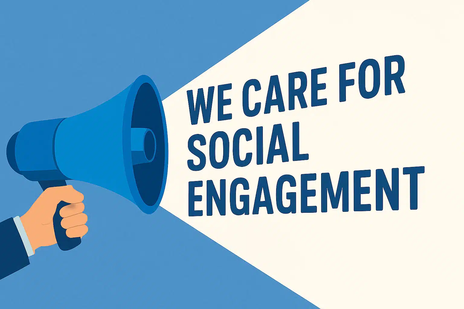 Abbildung einer Hand, die ein blaues Megafon hält und die Worte „WE CARE FOR SOCIAL ENGAGEMENT“ in fetten Buchstaben auf einen hellen Hintergrund projiziert, was subtil auf Bluewashing hindeutet.