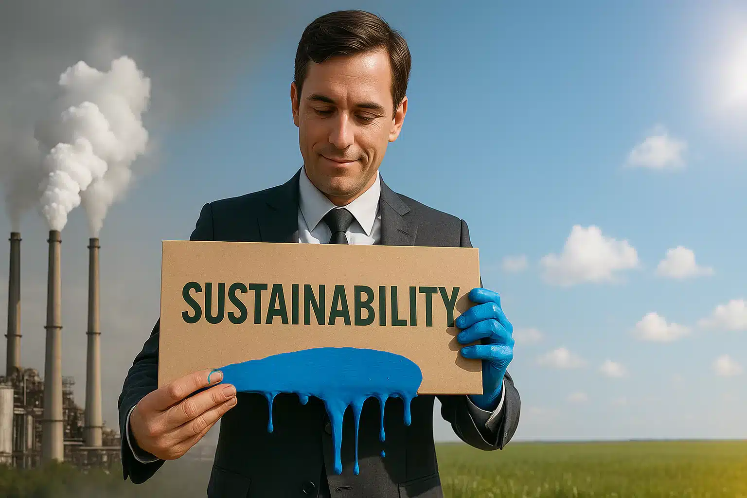 Ein Mann im Anzug hält ein Schild mit der Aufschrift „Nachhaltigkeit“, auf das blaue Farbe tropft – eine Anspielung auf Bluewashing. Hinter ihm stoßen Fabrikschornsteine über einer grünen Wiese und unter einem strahlend blauen Himmel Rauch aus.
