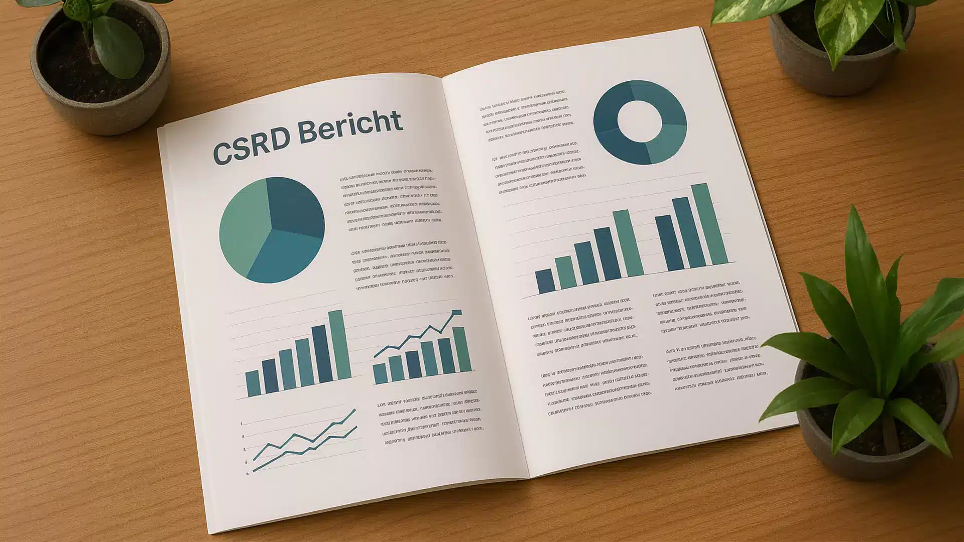 Ein offener Bericht mit dem Titel CSRD Bericht liegt auf einem Holztisch mit Topfpflanzen in der Nähe. Der Bericht enthält Kreisdiagramme, Balkendiagramme und Liniendiagramme mit Text in Spalten, alles in Grün- und Blautönen.