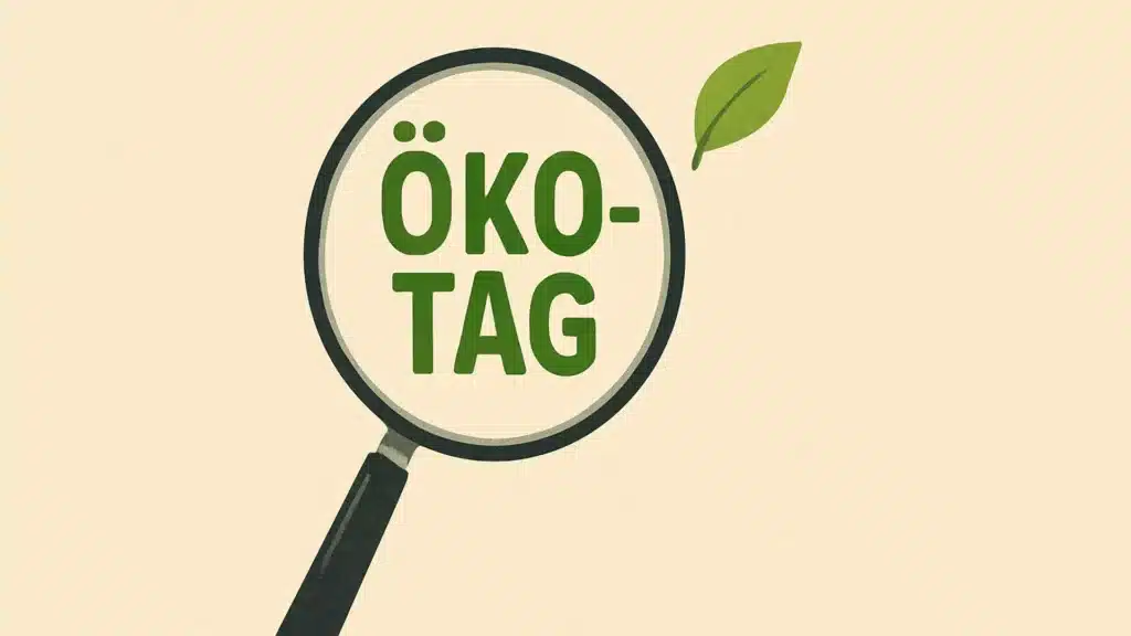 Eine Lupe hebt den grünen Text „ÖKO-TAG“ auf beigem Hintergrund hervor, daneben schwebt ein grünes Blatt und suggeriert so ein ökologisches oder umweltbezogenes Thema.