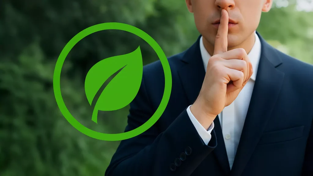Eine Person im Anzug legt in einer Psst-Geste einen Finger an die Lippen und steht im Grünen, was auf Bluewashing hindeutet. Ein großes grünes Blattsymbol in einem Kreis ist über das Bild gelegt.