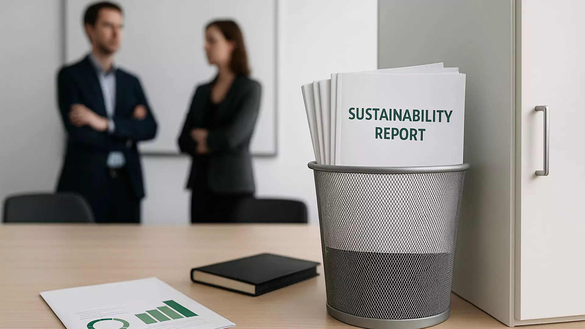 Ein Mülleimer enthält weggeworfene Kopien eines Dokuments mit dem Titel „Nachhaltigkeitsbericht“. Zwei unscharfe Personen stehen im Hintergrund neben einem Schreibtisch, was auf mögliches Greenhushing und Missachtung echter Nachhaltigkeitsbemühungen hindeutet.