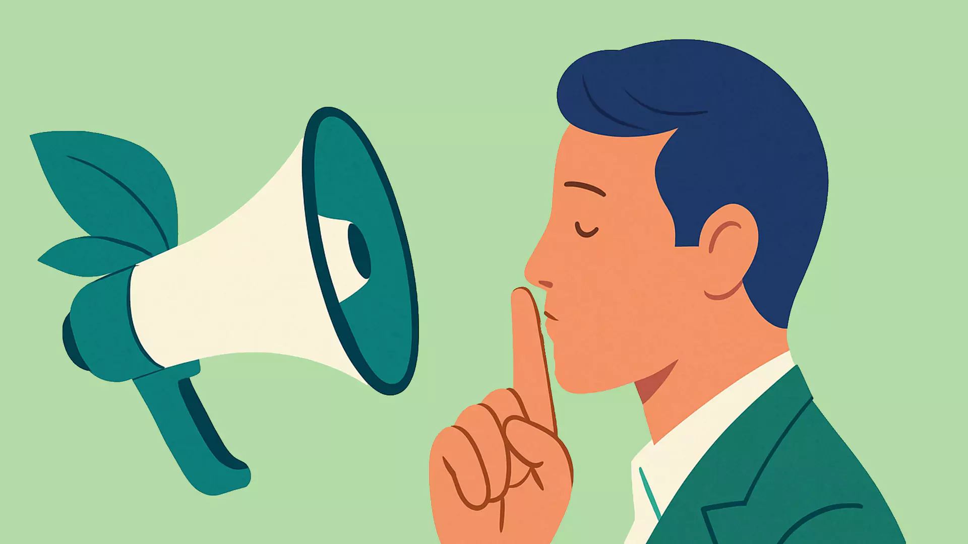 Illustration einer Person, die einen Finger in einer „Pst“-Geste an die Lippen hält und vor einem Megafon mit Blättern steht – ein Symbol für Stille oder „Greenhushing“. Der hellgrüne Hintergrund unterstreicht das ruhige, umweltfreundliche Thema.