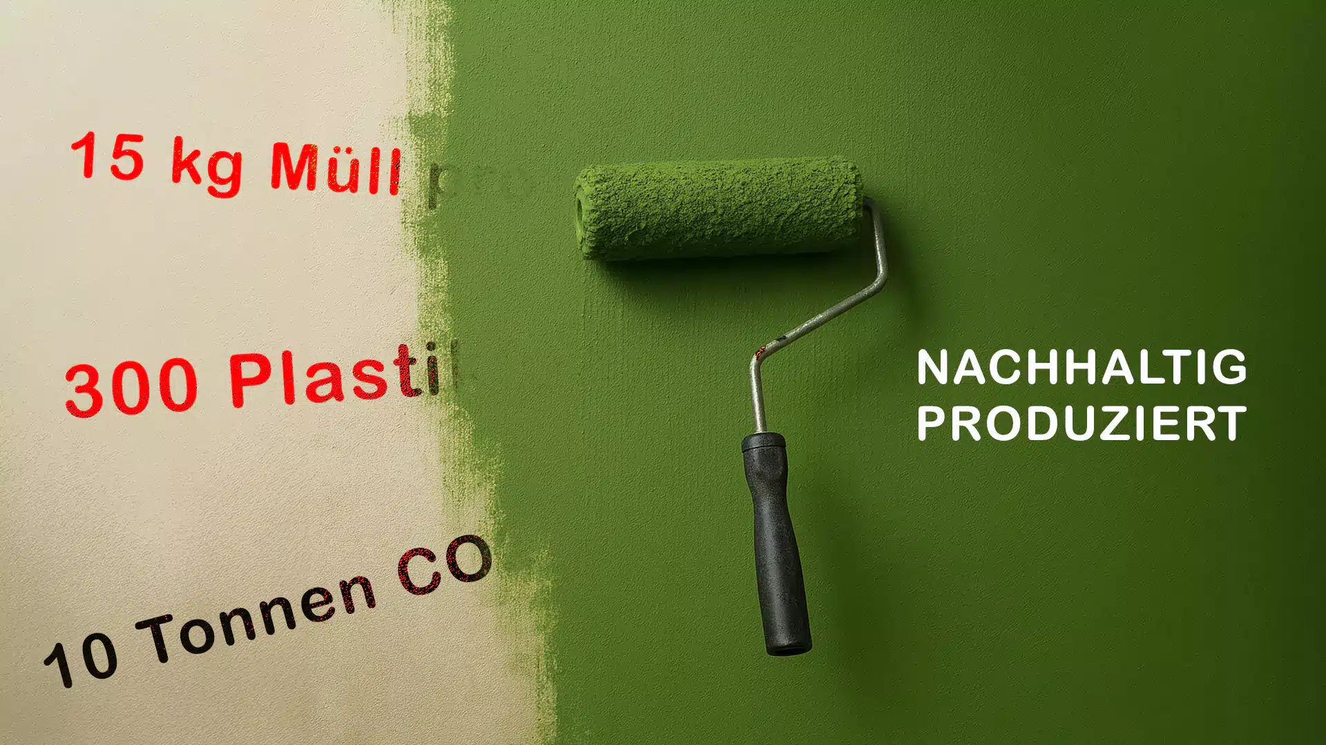 Eine Farbrolle überdeckt den roten Text zum Thema Abfall und CO2 auf einer beigen Wand mit grüner Farbe und entspricht damit der Green Claims Directive. Auf dem frisch gestrichenen grünen Bereich ist deutlich der Schriftzug „NACHHALTIG PRODUZIERT“ zu lesen.