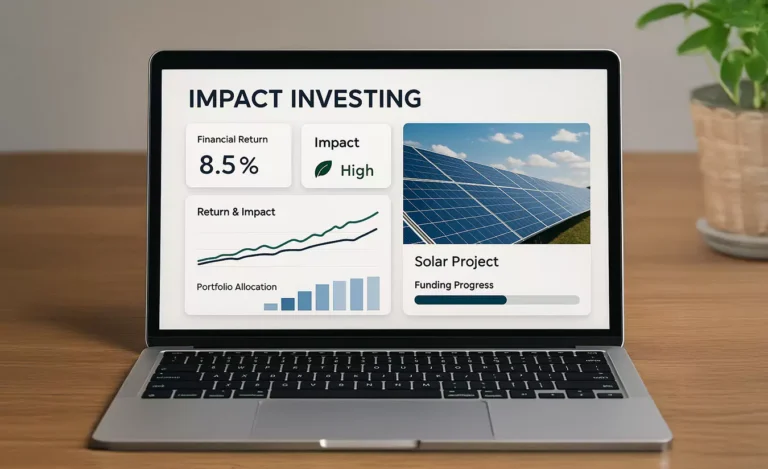Ein Laptop auf einem Holztisch zeigt ein Dashboard für Impact Investing, das eine finanzielle Rendite von 8,5 %, eine hohe Wirkung, ein Diagramm, ein Balkendiagramm und einen Fortschrittsbalken für die Finanzierung eines Solarprojekts neben einem Foto von Solarzellen zeigt.