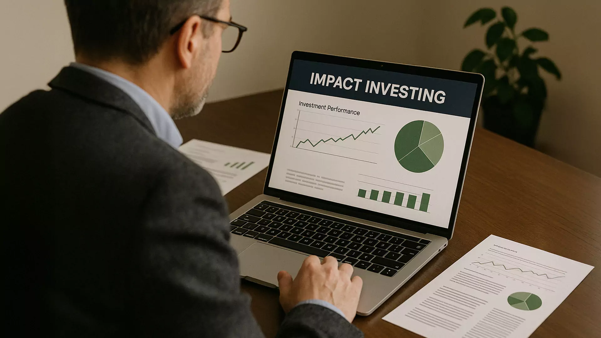 Ein Mann im Anzug sitzt an einem Schreibtisch und schaut auf einen Laptop, auf dem unter der Überschrift Impact Investing Diagramme und Grafiken zu sehen sind. Auf dem Tisch neben ihm liegen Papiere mit Diagrammen und Texten zur Nachhaltigkeitsberichterstattung.