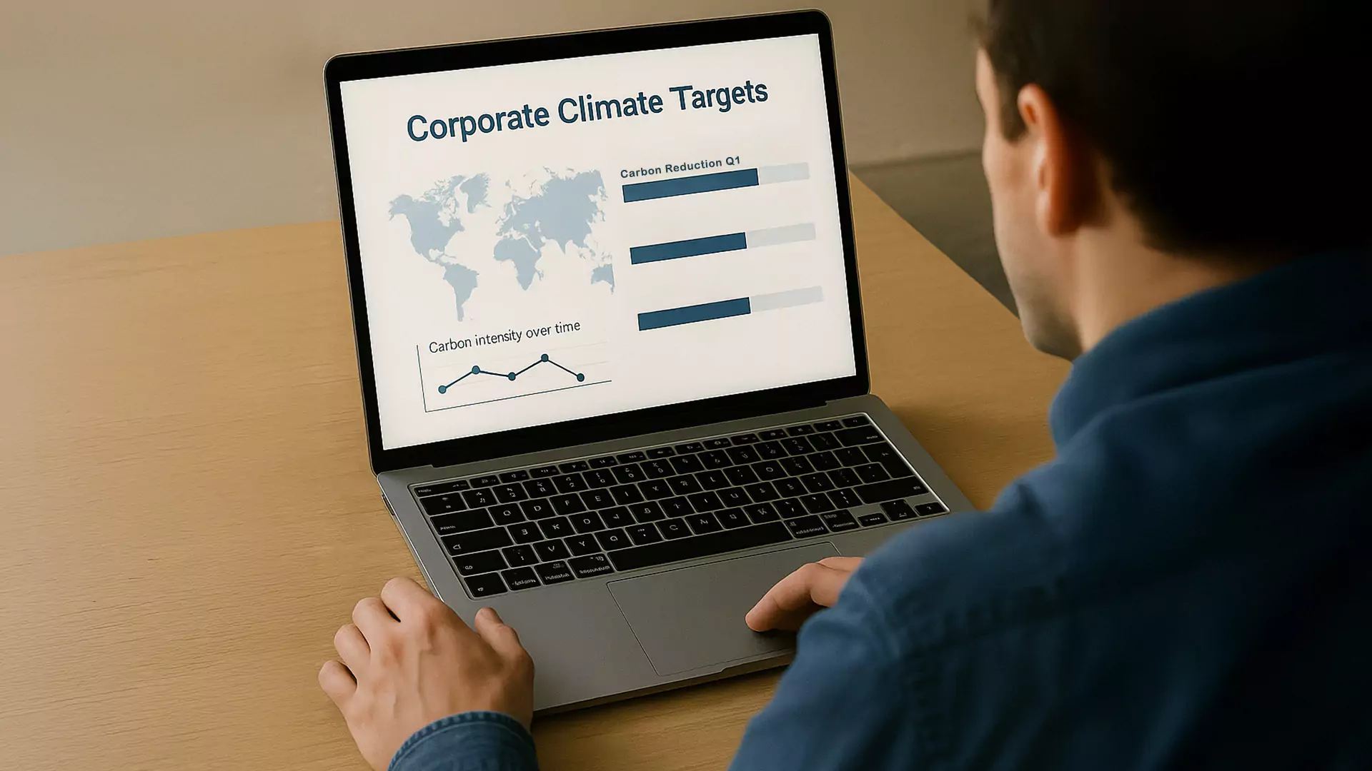 Eine Person, die einen Laptop benutzt, schaut auf einen Bildschirm, auf dem eine Folie mit dem Titel Corporate Climate Targets" (Klimaziele von Unternehmen) mit TCFD-Berichten, einer Weltkarte, Balkendiagrammen zur Kohlenstoffreduzierung und einem Liniendiagramm zur Kohlenstoffintensität im Zeitverlauf angezeigt wird.