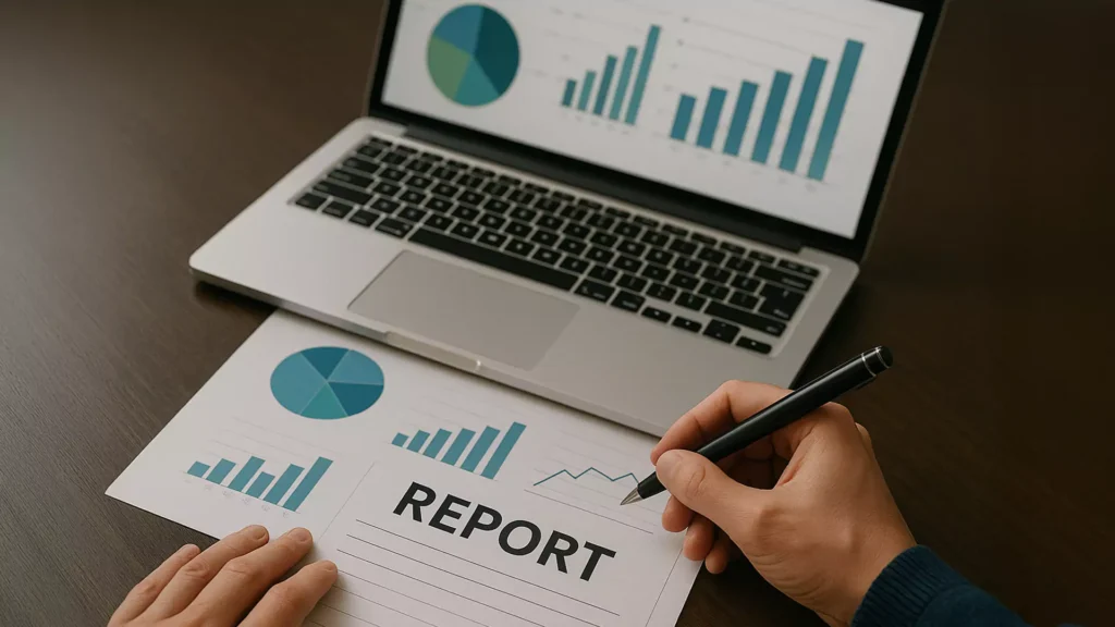 Eine Person, die einen Stift in der Hand hält, analysiert einen gedruckten Bericht mit Grafiken und Diagrammen, während auf einem Schreibtisch im Hintergrund ein Laptop mit ähnlichen Balken- und Kreisdiagrammen steht.