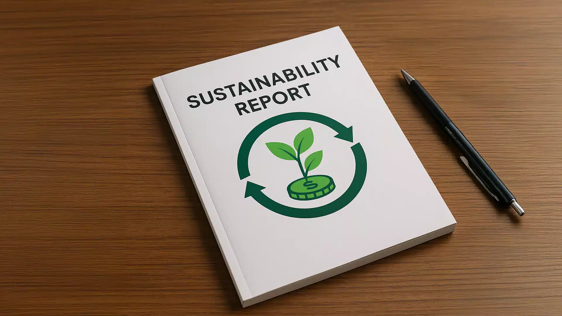 Ein Nachhaltigkeitsbericht mit dem Logo der Global Reporting Initiative, einem grünen runden Pfeil und einem Pflanzensymbol auf dem Cover liegt neben einem schwarzen Stift auf einer Holzoberfläche.