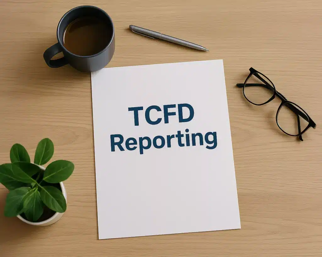 Ein Papier mit dem Titel TCFD Reporting liegt auf einem Holztisch, um den herum eine Kaffeetasse, ein Stift, eine schwarze Brille und eine kleine grüne Topfpflanze angeordnet sind.