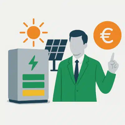 Illustration eines gesichtslosen Mannes in einem grünen Anzug, der neben einem Solarmodul, einer Batterie, einem Sonnensymbol und einem Euro-Symbol steht und die IAB-Investition in Batteriespeicher und Solarenergieeinsparungen darstellt.