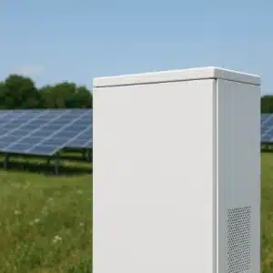 Ein weißer Batteriespeicher steht auf einer Wiese mit Sonnenkollektoren und Bäumen im Hintergrund unter einem strahlend blauen Himmel. Dies veranschaulicht die Investition des IAB in Batteriespeichertechnologie für nachhaltige Energielösungen.