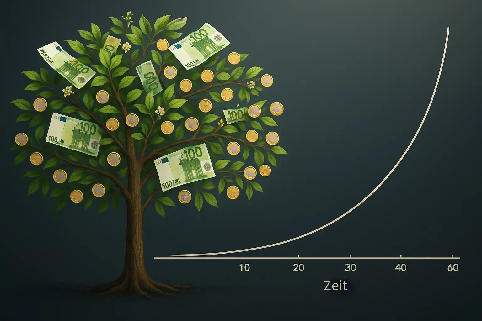 Ein illustrierter Baum mit Euro-Scheinen und -Münzen als Blättern steht neben einem aufsteigenden Diagramm mit der Aufschrift Zeit, das das stetige finanzielle Wachstum symbolisiert, das mit dem Tagesgeld im Laufe der Zeit erreicht werden kann.