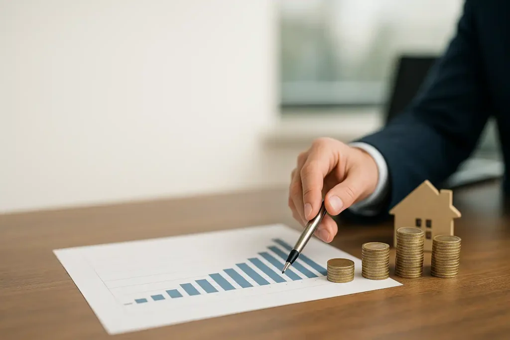 Eine Person im Anzug zeigt auf ein Balkendiagramm auf Papier, mit Stapeln von Münzen, einem kleinen Hausmodell und dem Wort "Tagesgeld" auf einem Holztisch, das finanzielles Wachstum und Investitionen in Immobilien symbolisiert.