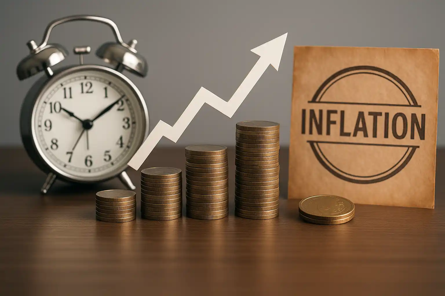 Eine Uhr, immer höher werdende Münzstapel, ein steigender weißer Pfeil und eine Karte mit der Aufschrift INFLATION veranschaulichen das Konzept der Inflation und zeigen, warum die Wahl des richtigen Tagesgeldes dazu beitragen kann, den Wert Ihres Geldes langfristig zu erhalten.