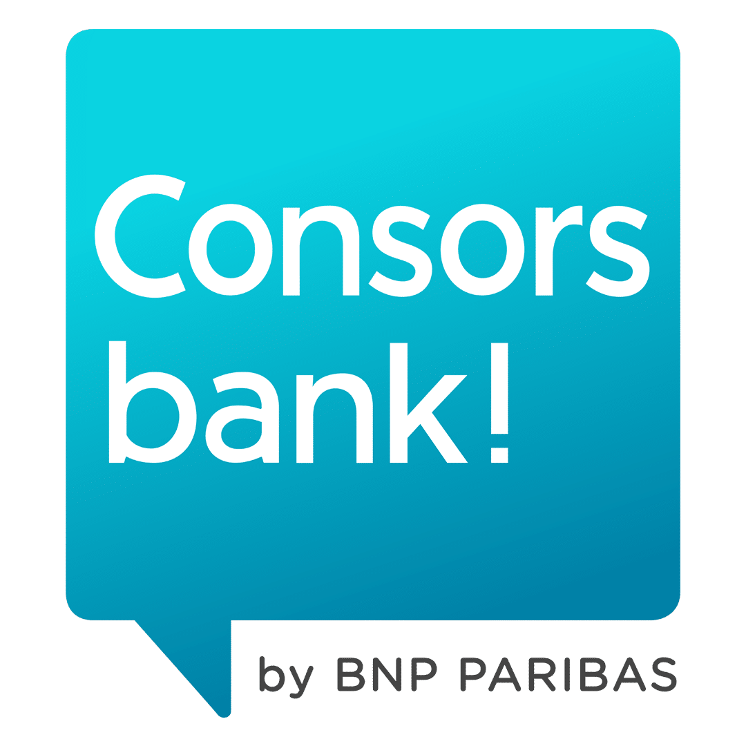 Blaues Sprechblasenlogo mit dem weißen Text Consors bank! und kleinerem grauen Text von BNP PARIBAS am unteren Rand, ideal für Ihren nächsten Tagesgeld-Vergleich.