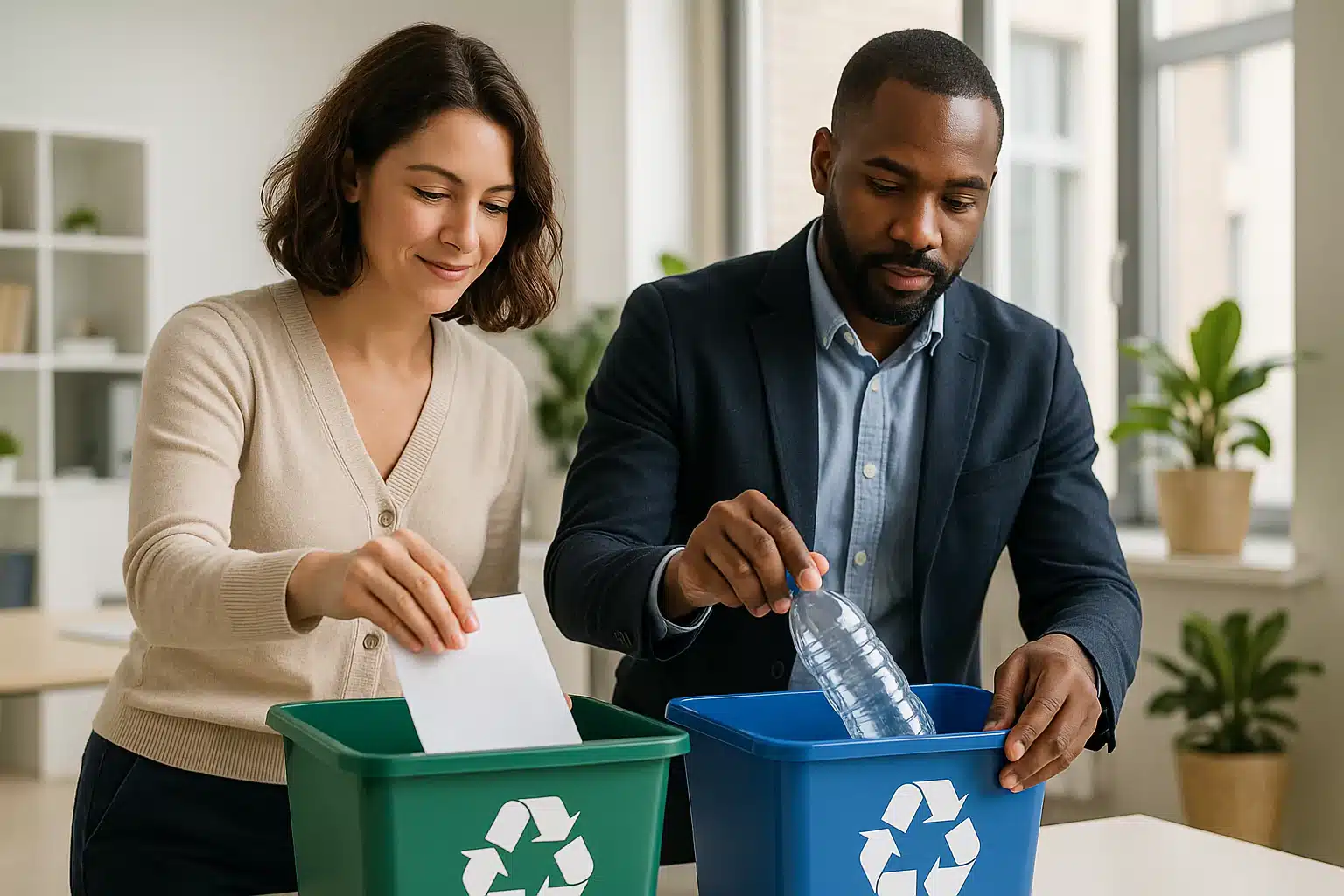 Eine Frau und ein Mann sortieren Wertstoffe an einem Arbeitsplatz in einer Halle und befolgen dabei die Richtlinien der ISO 26000, indem sie Papier in eine grüne und eine Plastikflasche in eine blaue Tonne werfen. Pflanzen und Regale schmücken den Hintergrund.