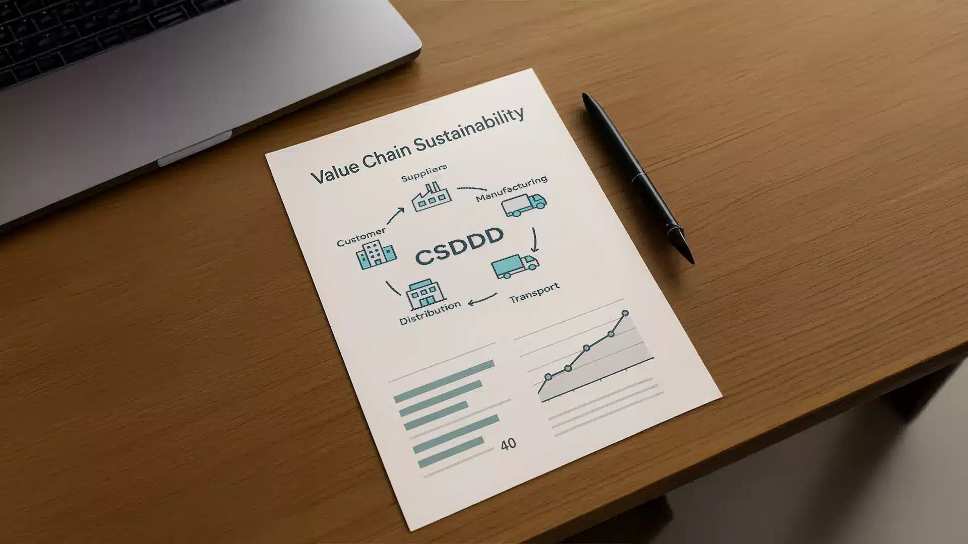 Ein Papier mit dem Titel "Nachhaltigkeit der Wertschöpfungskette", in dem CSDDD in Diagrammen von Lieferanten, Herstellung, Transport, Vertrieb und Kunden dargestellt ist. Die Diagramme stehen neben einem Stift und einem Laptop auf dem Holztisch.