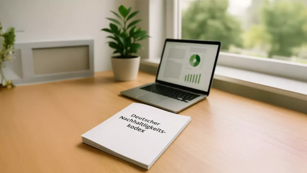 Ein Bericht mit dem Titel Deutscher Nachhaltigkeitskodex, der sich auf die CSDDD bezieht, liegt auf einem Holztisch neben einer Topfpflanze und einem geöffneten Laptop, auf dem Grafiken angezeigt werden, mit einem Fenster im Hintergrund.