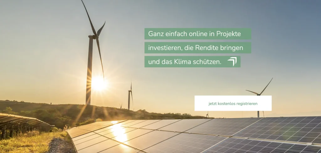 Sonnenkollektoren und Windkraftanlagen in einer sonnigen Landschaft, dazu ein deutscher Text, der für Online-Investitionen in klimafreundliche Projekte über „ecozins“ wirbt, sowie eine Schaltfläche zur kostenlosen Registrierung.