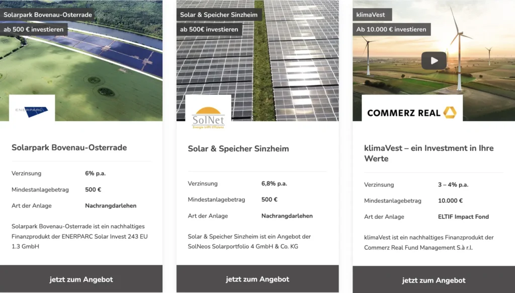 Drei Investitionsangebote von ecozins für Solar- und Windenergieprojekte, jeweils mit einem Vorschaubild, dem Zinssatz, der Mindestinvestitionssumme und einer Schaltfläche mit der Aufschrift „Jetzt zum Angebot“ auf weißem Hintergrund.