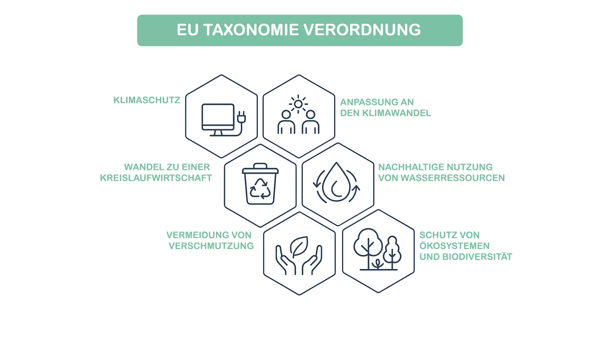 Sechseckige Infografik zur EU-Taxonomie-Verordnung: Klimaschutz, Anpassung an den Klimawandel, Kreislaufwirtschaft, nachhaltige Wassernutzung, Vermeidung von Umweltverschmutzung sowie Schutz von Ökosystemen und biologischer Vielfalt. Icons veranschaulichen jedes Thema visuell.