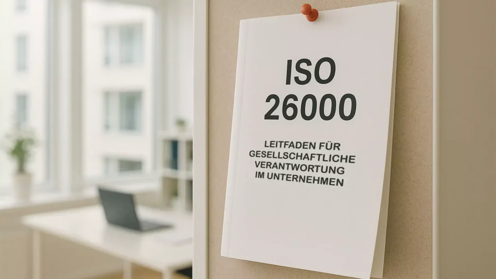 Eine an eine Tafel geheftete Broschüre zeigt die Norm ISO 26000, Leitfaden für gesellschaftliche Verantwortung im Unternehmen, in deutscher Sprache, wobei im Hintergrund ein verschwommenes Büro und ein Schreibtisch zu sehen sind.