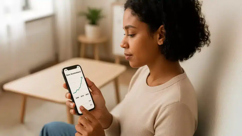 Eine Frau sitzt in einem Haus und hält ein Smartphone in der Hand, auf dem ein Liniendiagramm mit ansteigenden Datenpunkten angezeigt wird - möglicherweise von einem Tagesgeld-Vergleich. Sie schaut aufmerksam auf den Bildschirm. Im Hintergrund sind natürliches Licht und eine kleine Pflanze zu sehen.