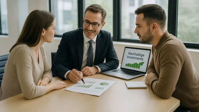 Drei Personen sitzen an einem Tisch und diskutieren über Anlagecharts. Ein Mann im Anzug zeigt auf ein Papier mit Diagrammen, während auf einem Laptop SFDR Compliance, Nachhaltige Investments und ein grünes Blattsymbol angezeigt werden. Im Hintergrund leuchten große Fenster.