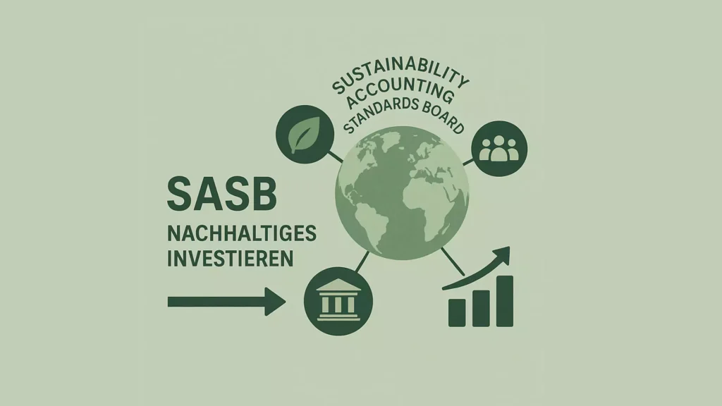 Eine Grafik, die den Globus zeigt, umgeben von Symbolen für Nachhaltigkeit, Menschen, Finanzen und Wachstum. Der Text lautet SASB Nachhaltiges Investieren, EU Taxonomie und Sustainability Accounting Standards Board auf hellgrünem Hintergrund.