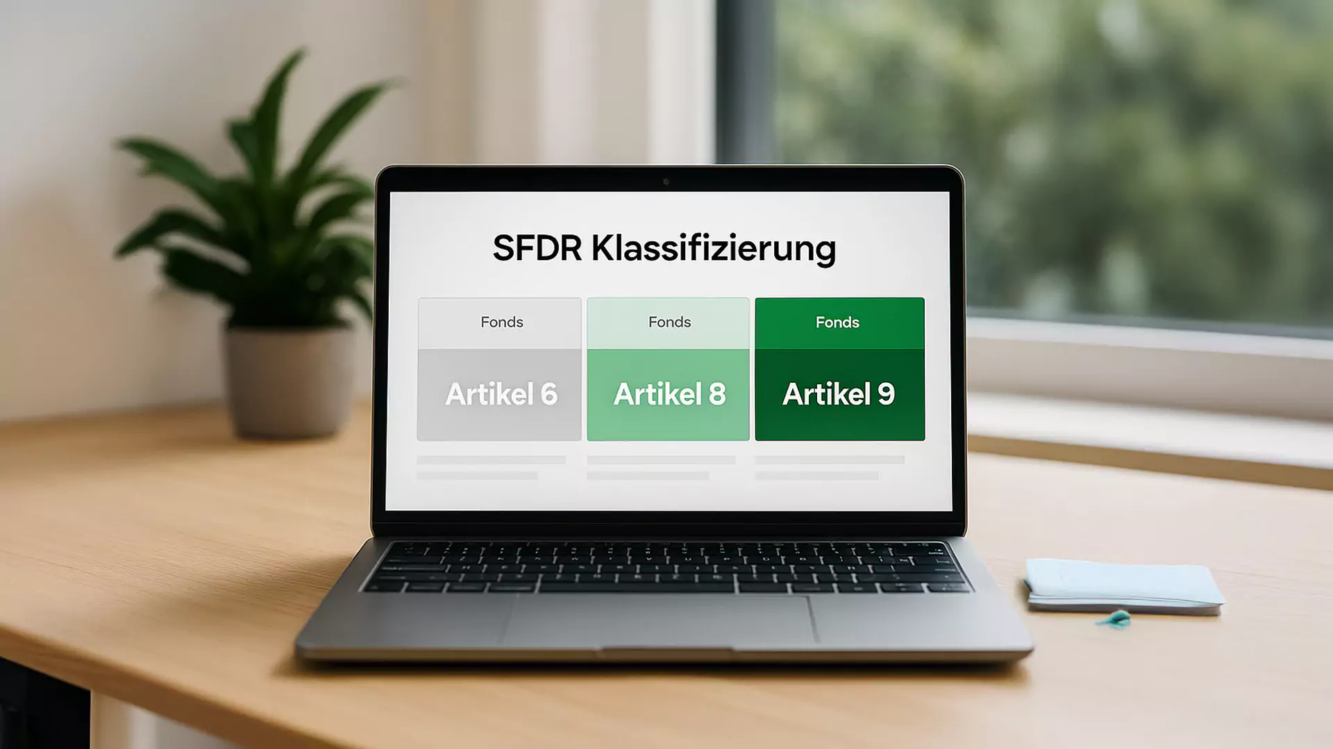 Ein Laptop auf einem Holztisch zeigt ein SFDR-Diagramm mit dem Titel Klassifizierung und drei Spalten mit den Bezeichnungen Artikel 6, Artikel 8 und Artikel 9. Im Hintergrund sind eine Pflanze und ein Fenster zu sehen.