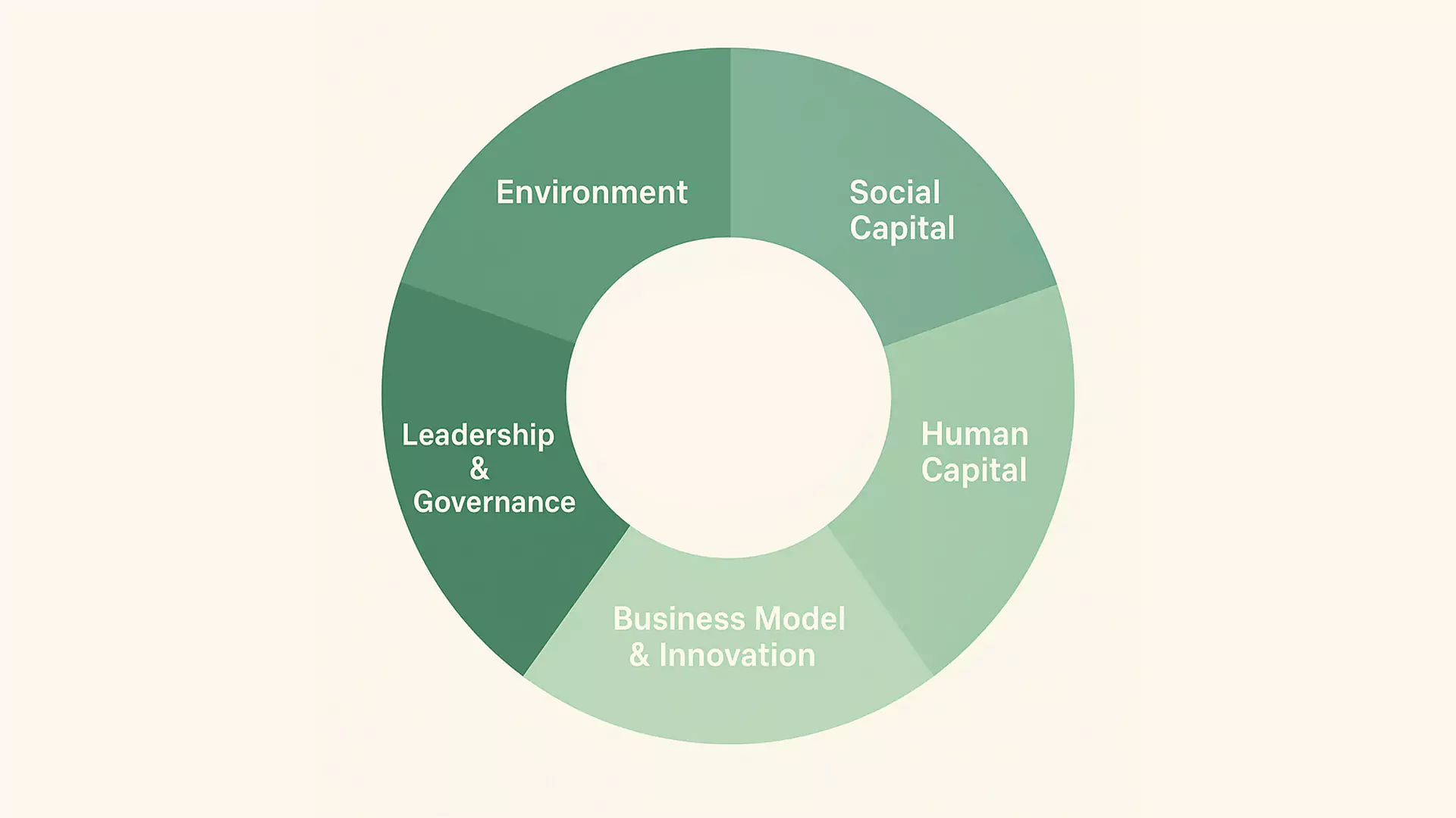 Ein kreisförmiges Diagramm, das sich an den SASB-Standards orientiert, ist in fünf beschriftete Abschnitte unterteilt: Umwelt, Sozialkapital, Humankapital, Geschäftsmodell und Innovation sowie Führung und Governance. Das Diagramm ist in verschiedenen Grüntönen gehalten.