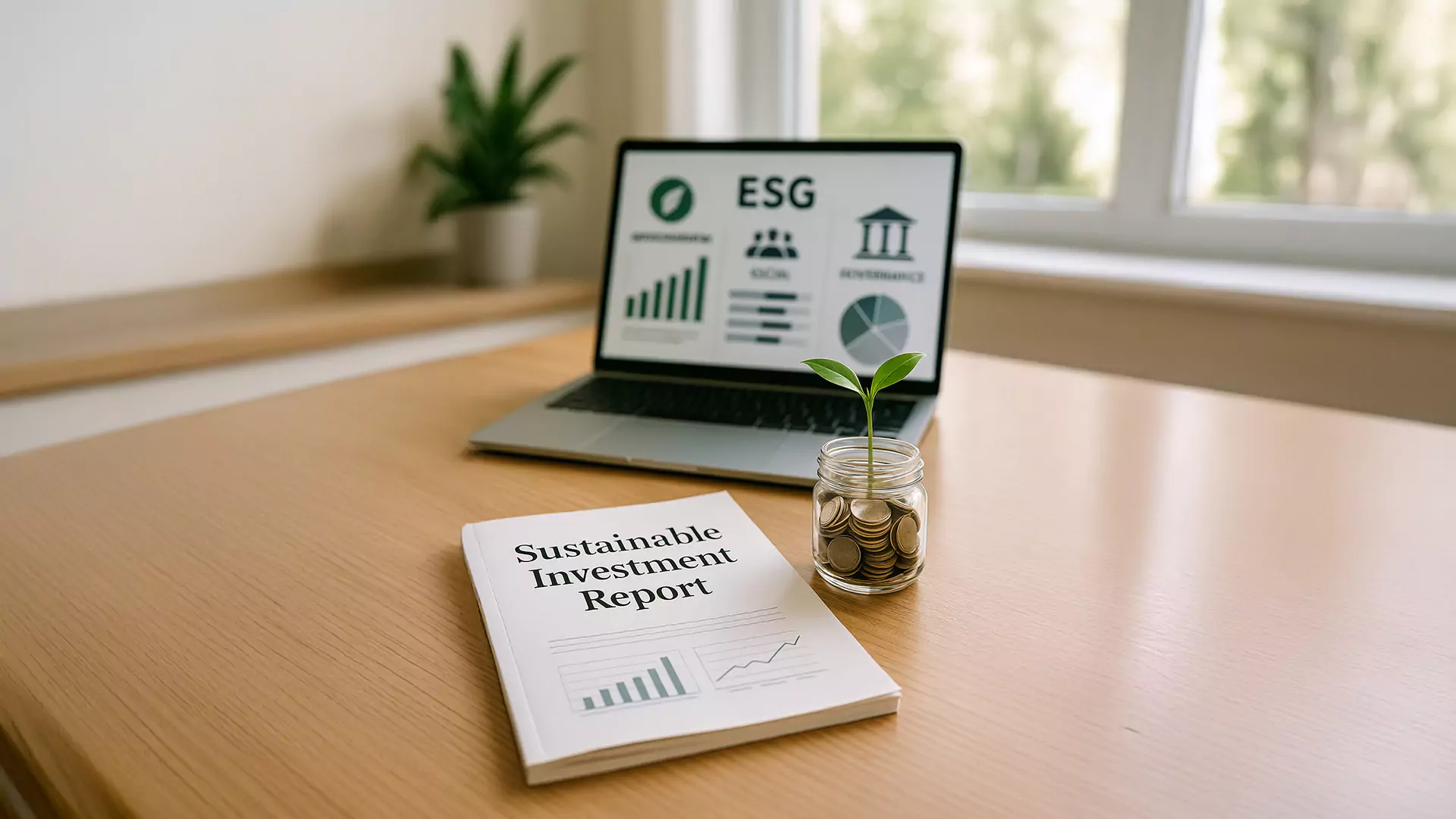 Auf dem Schreibtisch steht ein Laptop mit ESG-Grafiken, daneben ein Glas mit Münzen, aus dem eine kleine Pflanze wächst, und eine Broschüre mit dem Titel NFRD Sustainable Investment Report.