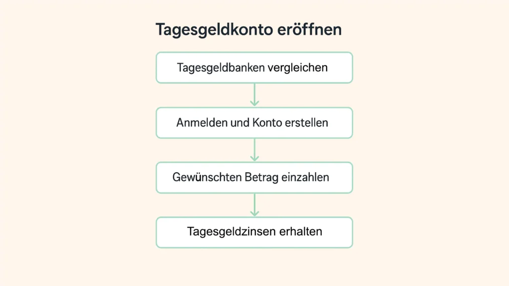 Flussdiagramm mit vier Schritten zur Eröffnung eines Tagesgeldkontos: Tagesgeld-Vergleich durchführen, anmelden und Konto erstellen, gewünschten Betrag einzahlen, Tagesgeldzinsen erhalten.