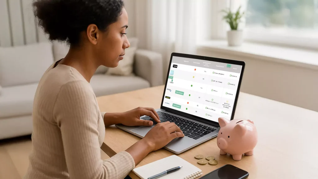 Eine Frau sitzt an einem Tisch mit ihrem Laptop, um eine Finanzübersicht und einen Tagesgeld-Vergleich zu überprüfen. Auf dem Tisch liegen ein rosa Sparschwein, ein Notizbuch, ein Stift und Münzen. Sie ist konzentriert, mit einem hellen Fenster und einem Sofa im Hintergrund.
